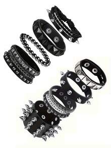 Juego de 1/4 pulseras de estilo punk de cuero con remaches, brazalete gótico con púas de los 80 para hombres y mujeres, accesorio de estilo rock - Negro - Ver 6