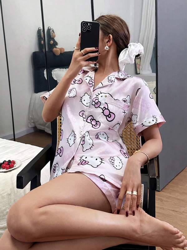 Dreamivo Silk Pajama Set, Short Sleeve Button Front Lapel Bow Cartoon Cute Front Button Pocket Contrast Trim