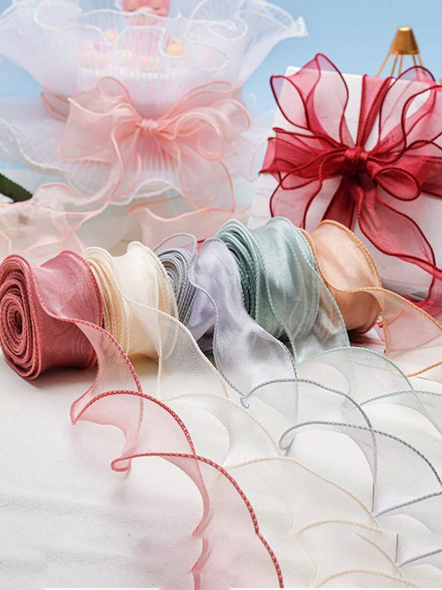1pc Fish Tail Organza Ribbon Wave Bow Tulle Ribbon Satin Ribbon Colorful Ribbon For Cake Decoration, Bouquet Decoration, Fresh Flower Packaging - A - View 1