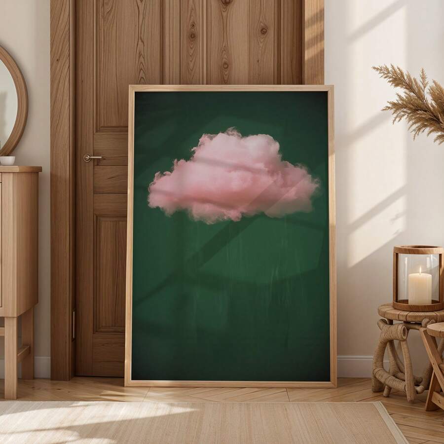 2D Flat Wall Decor, Vintage Poster, Abstract Sky Fabric Painting With Green And Pink Clouds, Unique Artistic Wall Aesthetic Enhancement, Suitable For Living Room And Bedroom, Frameless - G - View 1