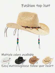1pc Unisex Multi-Functional Solid Color Gemstone Decor Western Cowboy Hat Hollow Print Straw Hat Spring Summer Travel Sun Beach Hat Casual Sun Hat - Lạc đà - Xem 9