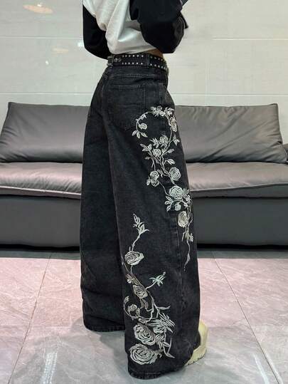 1 chiếc quần jeans ống rộng màu đen thêu họa tiết kiểu Hàn Quốc, rộng rãi và thoải mái, đa năng cho cả công sở và thường ngày, phù hợp mọi mùa (Không bao gồm thắt lưng/phụ kiện)