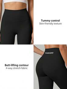 TimeOff 1pc Women High Waist Solid Color Elastic Stitching Slimming Sports Pants - Black - View 4