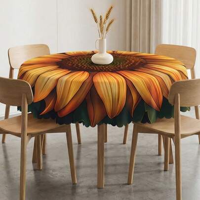 1 Pieza Mantel redondo con estampado 3D de girasol amarillo y verde, estilo rústico de granja y cottage, de poliéster resistente a las manchas y al agua, con borde festoneado, a prueba de aceite y polvo, lavable y reutilizable, ideal para comedores vintage, cenas familiares, reuniones de jardín de verano, suministro esencial para la cocina y el hogar