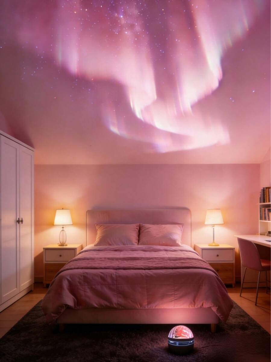RGB Northern Lights Starry Sky Rotating Projection Lamp, LED Starry Sky Projector Night Light With Remote Control, Mobile Lighting Effects, USB Power Supply, 16 Different Lighting Colors For Galactic Stars Projector, Wedding Decoration, Party Decorations, Pink Room Decoration, Ceiling Lamp, Home Theater Projector, Bright Valentine's Day Gift - 彩色 - 查看 1