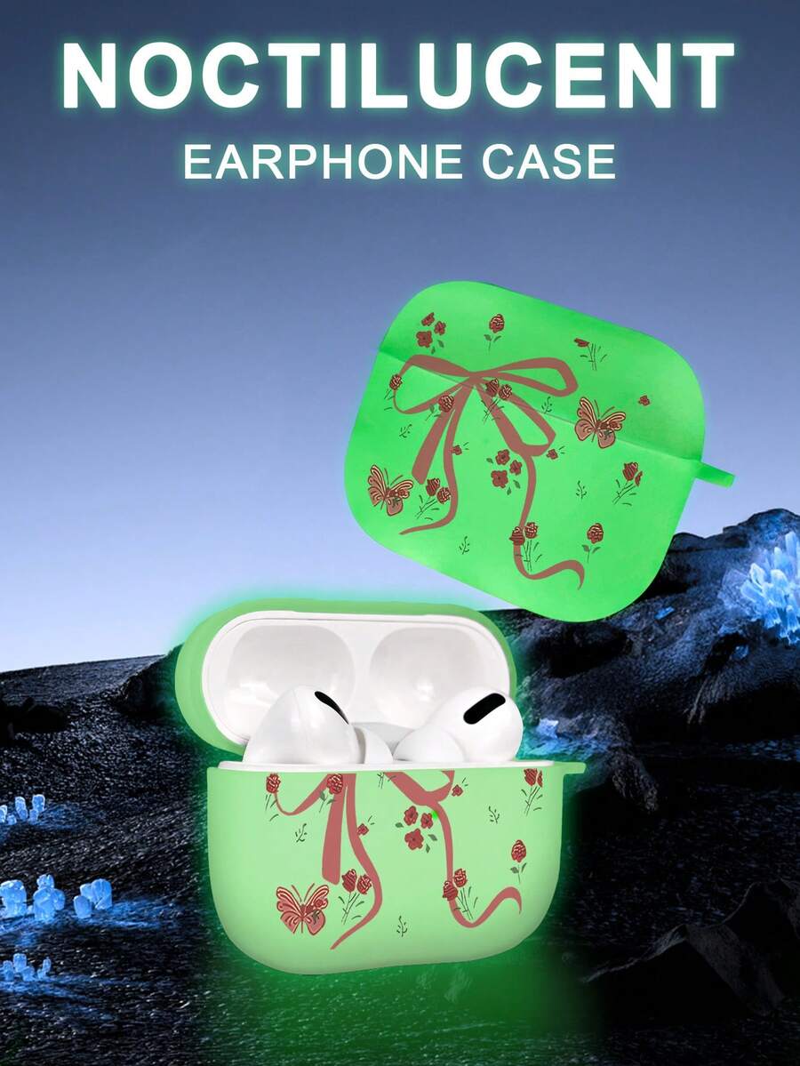 粉色蝴蝶结玫瑰浪漫图案荧光可拆卸耳机盒，磨砂质感，兼容苹果AirPods4/3/1/2/Pro/Pro 2/Pro 3，品质优良，设计独特。 - 查看 1