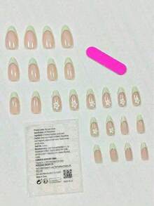 24pcs Almond Shape Minimalist Floral Green Accent 3D French Style Artificial Nail Tips, Sweet & Elegant Design Suitable For Office Ladies, Daily Occasions, Meetings, Dates-Halloween,Christmas,Fall,Winter, Supplies, 8N6H - 彩色 - 查看 4