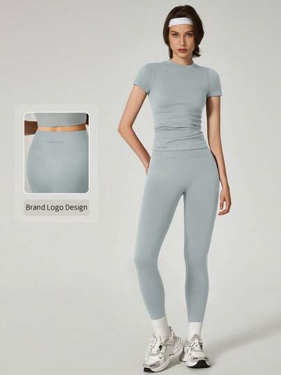TimeOff 1 Set Women's Crew Neck Short Sleeve Ribbed Seamless High Waist Slim Fit Pants Sports Suit