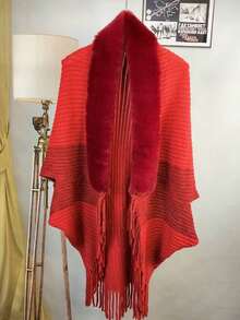 1件女士秋冬新款连帽斗篷，带人造毛领，保暖流苏针织开衫 - 純色 - 查看 5