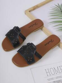 女士镂空平底凉鞋，编织带套脚拖鞋，时尚优雅女士凉鞋，夏季休闲露趾鞋 - 黑色 - 查看 6