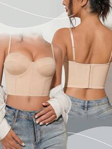 女士米色无肩带露脐抹胸上衣 - 可拆卸肩带，适合度假穿着 - 米色 - 查看 1