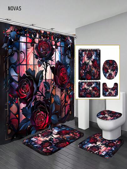Bộ 1/3/4 món rèm tắm họa tiết hoa hồng đen Gothic cho phòng tắm, họa tiết lãng mạn tối màu, vải polyester có thể giặt được, chống thấm nước, phụ kiện trang trí phòng tắm, kèm 12 móc - Bao gồm cả tấm phủ bồn cầu, thảm tắm và thảm trải sàn, hoàn hảo cho nhà/phòng ngủ/phòng khách/đồ dùng gia đình
