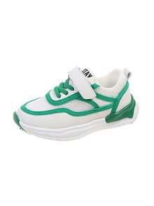 1 Pair Kids' Green & White Contrast Color Print Decor Breathable Mesh Fabric Sneakers, Round Toe Low-Top + Lace-Up Thick Wavy Sole Casual Sports Shoes For Daily, School, Outdoor Play - Green - View 6