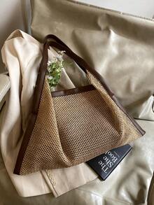 Large Capacity Straw Tote Bag For Women, Casual Commuter Shoulder Bag, Vacation Style Woven Handbag - Brown - View 6