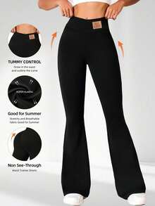 1pc High-Waisted Tight Fit Pants For Women, Minimalist Slimming Flared Leggings, Solid Color Yoga Wide Leg Pants, Elastic Loose Casual Sports Trousers With Waistband And Logo, Lifting Buttocks And Slimming Waist - Black - View 2