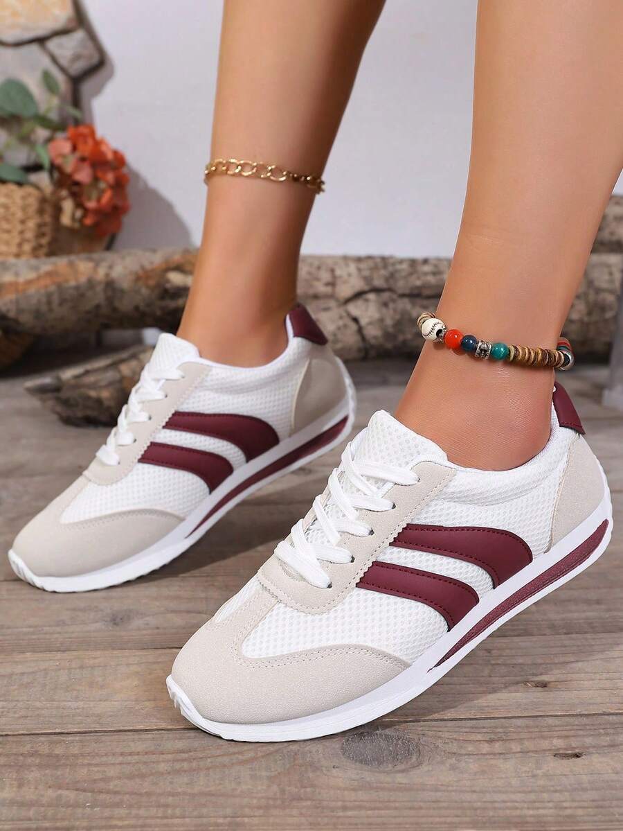 大码女式休闲运动鞋，学生鞋，米色时尚滑板鞋，平底撞色系带舒适运动鞋 - 紅色 - 查看 1