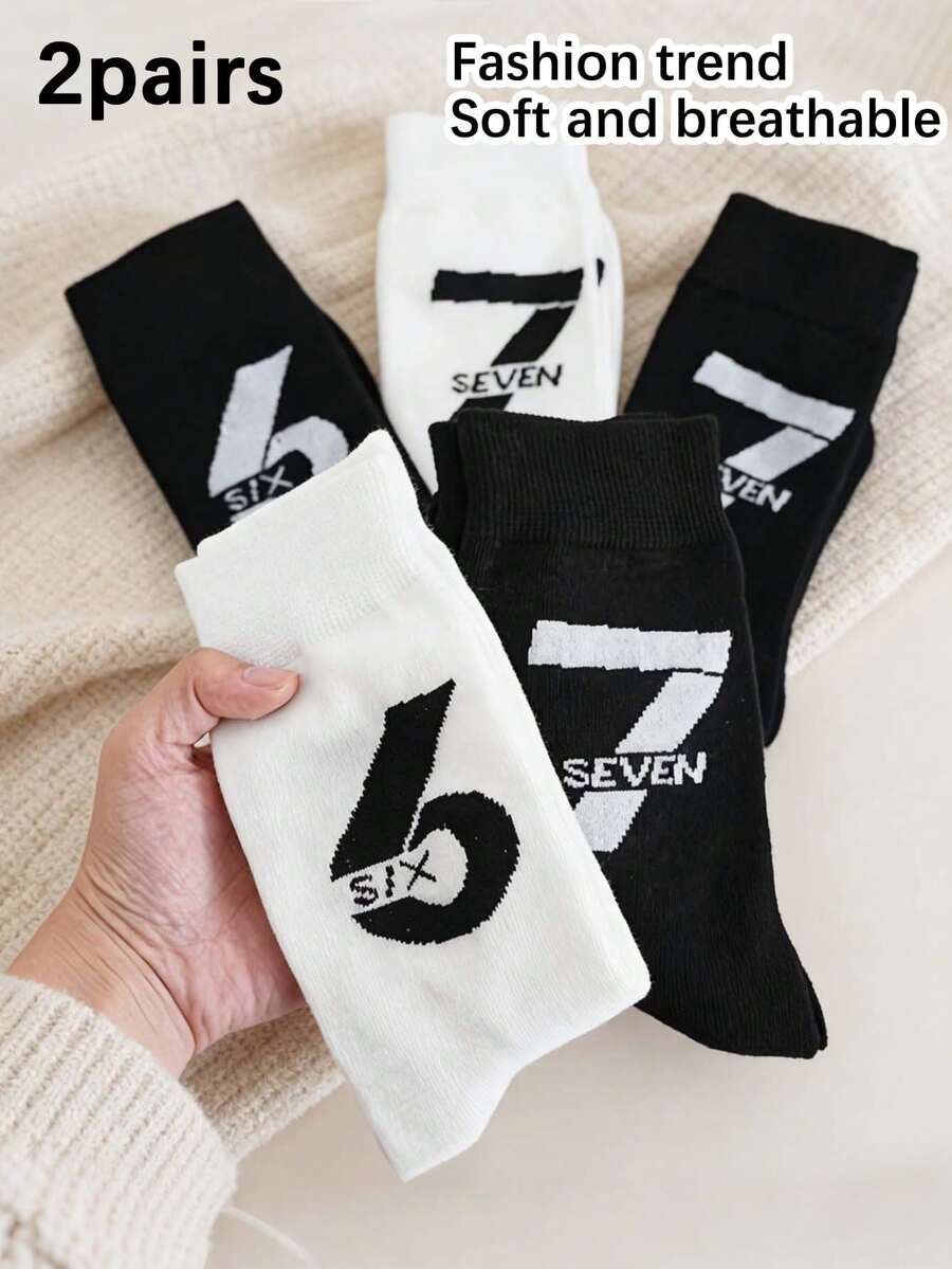 2 đôi tất dài đến bắp chân, màu đen trắng, họa tiết số 67, kiểu dáng unisex, mềm mại, thích hợp mặc hàng ngày, dự tiệc, làm quà tặng, phù hợp mọi mùa. - Đen và trắng - Xem 1
