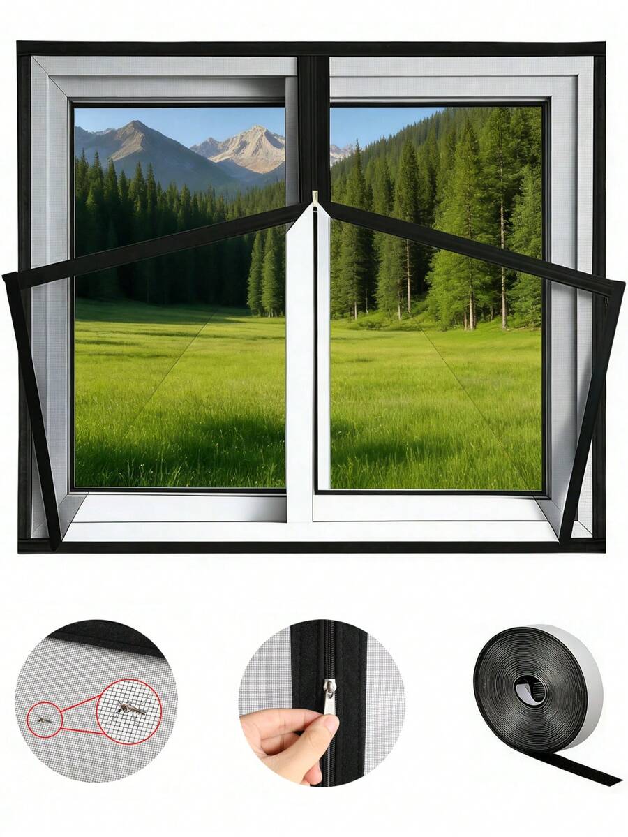 1 Tấm lưới chống muỗi có khóa kéo, tự dính, không cần khoan, có thể tái sử dụng, lưới chống muỗi và ruồi vô hình dùng trong gia đình - đen - Xem 1