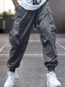 2pcs/Set Men's Casual Utility Drawstring Pants, Grey + Black - Multicolor - View 7