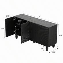 59" Modern Black Buffet Sideboard Credenza, 4 Sunburst Pattern Doors With Solid Wood Legs, Large Storage Cabinet For Kitchen, Dining Room, Living Room & Entryway - 黑色 + 實木 + 中密度纖維板 + 美式設計 + 經典 + 農舍 + 現代 - 查看 5