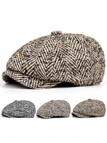 Herringbone Tweed Newsboy Cap | Vintage Flat Cap For Men | Retro British Style Hat,Summer,Beach,Holiday - A - View 11