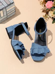 1 Pair Blue Plus Size High Heel Sandals For Female Students, Soft Fabric With Ruffled Skirt Trim, Metal Buckle Decor, Rhinestone Accents, Classic Minimalist Design, Open Toe Chunky Heel, Suitable For 3-15 Years Old Girls Daily, Casual, Hosting, Dancing, Festivals, Vacation, Spring/Summer New Arrival - Blue - View 2