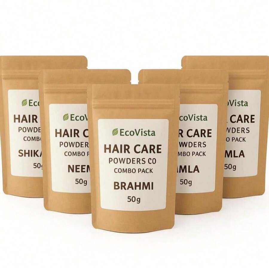 Ecovista Herbal Hair Care Combo Pack, Featuring Five Premium Ayurvedic Powders U2013 Shikakai, Neem, Brahmi, Amla, And Bhringraj U2013 Each (50 Grams) - White - View 1