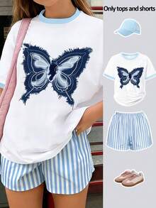 2 pièces/set Tenue avec motif papillon mignon pour adolescentes, t-shirt à manches évasées et shorts rayés, tissu doux et confortable pour un port quotidien - Bleu azur - Voir 7