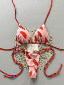 Conjunto de bikini sexy con estampado de sandía, escote halter y lazos para mujer, ideal para playa en verano - Multicolor - Ver 2