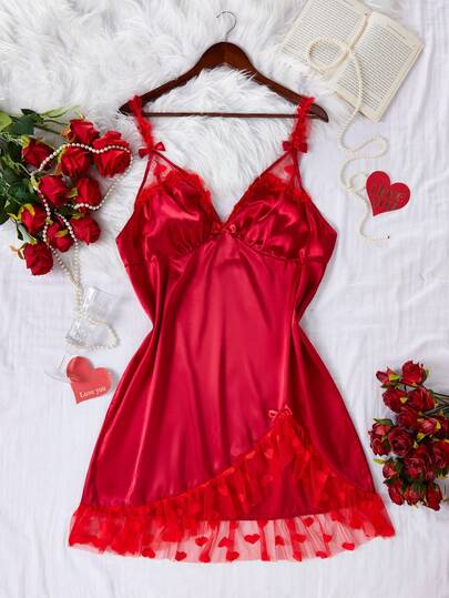 Plus Size Women's Valentine's Day Couple Gift Sexy Backless Heart Lace Patchwork Bow Camisole Nightgown Loungewear