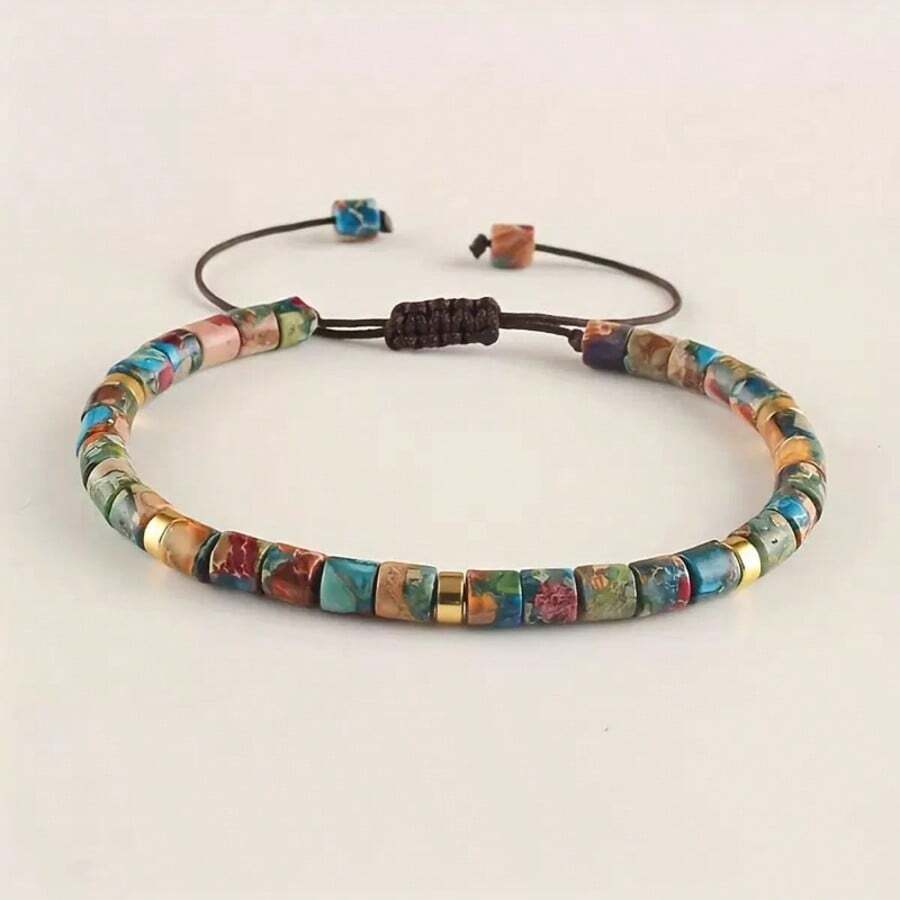1pc Bohemian Style Colorful Natural Stone Beaded Adjustable Bracelet, Unisex Versatile Accessory - Colorful Imperial - View 1