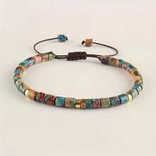 1pc Bohemian Style Colorful Natural Stone Beaded Adjustable Bracelet, Unisex Versatile Accessory - Colorful Imperial - View 5