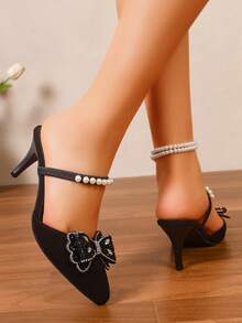 1 Pair Pointed Toe Fabric Hollow-Out Side Zipper High Heels, Suitable For Office Wear All Seasons - Black - View 4