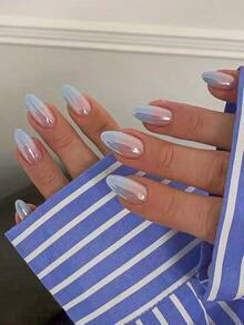 10 Pieces Of Handmade Press On Nails, Nail Kit, Supplies Nails,Nails Charms Nails,Short Nails, Fake Nails, French Tip Nails, Almond Nails, Y2k,Cute Nails, Blue Nails,Pink Nails, White Nails, Silver Nails, Gold Nails,Nails With A Sparkling Silver Edge Outlining The French Style, Simple Style Suitable For Daily Use By Ladies And Girls. - Dusty Blue - View 1