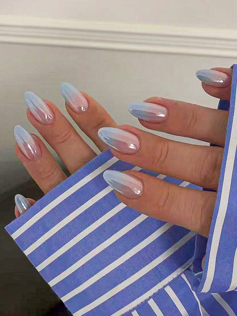 10 Pieces Of Handmade Press On Nails, Nail Kit, Supplies Nails,Nails Charms Nails,Short Nails, Fake Nails, French Tip Nails, Almond Nails, Y2k,Cute Nails, Blue Nails,Pink Nails, White Nails, Silver Nails, Gold Nails,Nails With A Sparkling Silver Edge Outlining The French Style, Simple Style Suitable For Daily Use By Ladies And Girls. - Dusty Blue - View 1