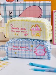 1pc New Retro Plaid Contrast Color Embroidery Zipper Handbag, Cute Girl Style Minimalist Large Capacity Pen Bag, Stationery Bag, Makeup Tool Organizer, High-Quality Desk Accessory, Valentine's Day Gift, Student Gift, School Supplies - Small House With Wood Ear Mushroom Trim - View 2