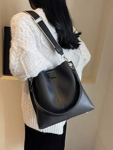 Korean High-End Versatile Bucket Bag, Fashionable And Solid Color Shoulder Bag, Retro And Niche Design, Women's Shoulder Bag Suitable For Work, Commuting, Daily Outings, Shopping And Dating - Black - View 3