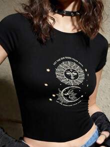 Women's Round Neck Short Sleeve T-Shirt, New Summer Sun & Moon Print Fashionable Fitted Cropped Top, Suitable For Daily Wear Black Vacation Casual - Black - View 6