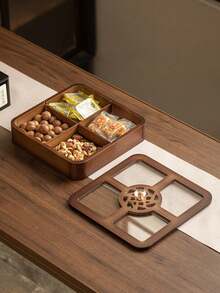1pc Wooden Tray With Dust Cover, Divided Storage Round Service Platter, Cafe Dessert Tray, Storage Dish, Cake And Snack Plate - Multicolor - View 4