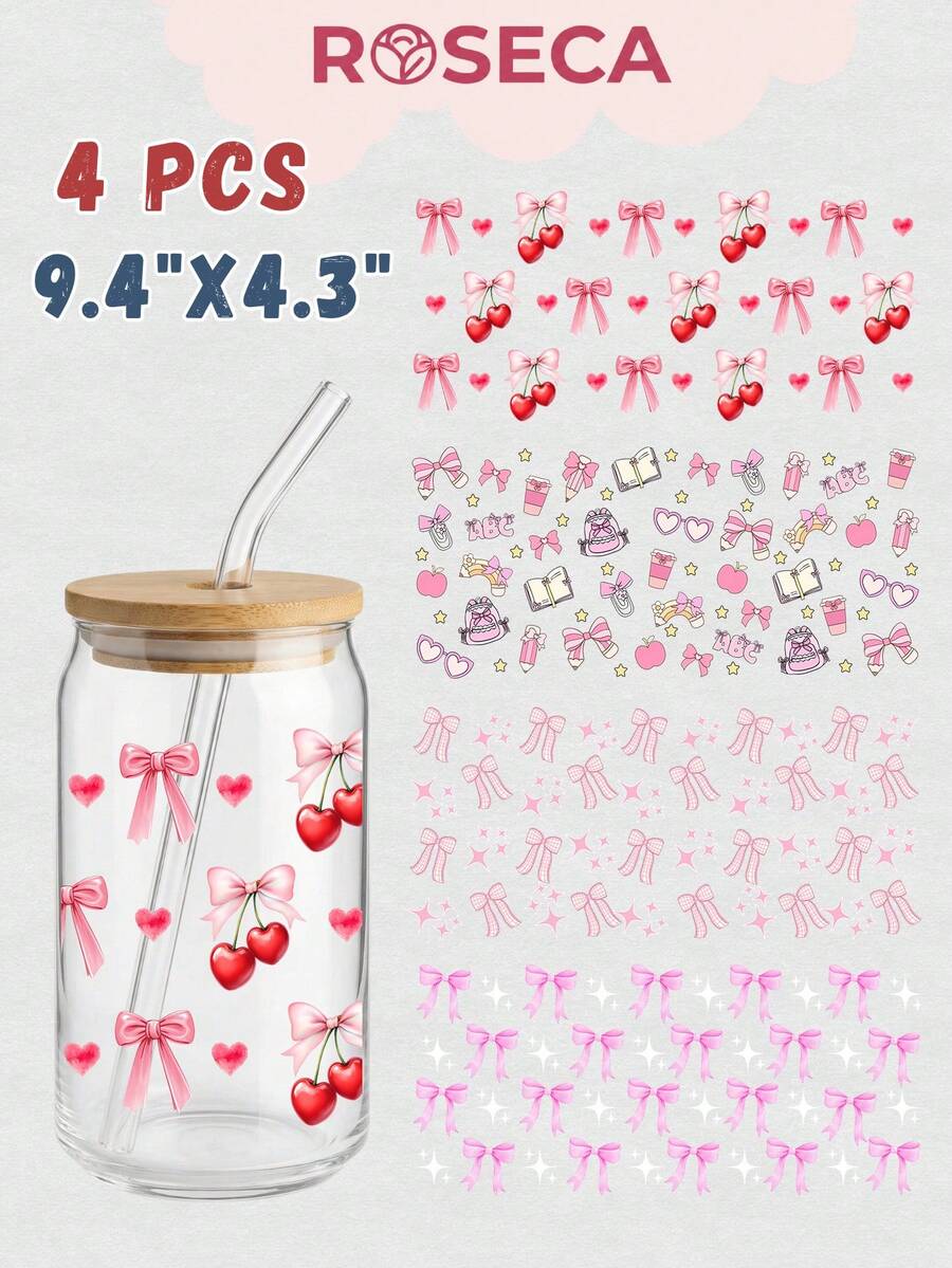 Bộ 4 miếng dán chuyển nhiệt UV DTF cho cốc thủy tinh 16oz (9.4x4.3 inch), không cần nhiệt, họa tiết nơ hồng dễ thương, trái tim anh đào, phong cách tươi mới, chống thấm nước, tự dính, thích hợp cho cốc Libbey, quà tặng DIY cho bé gái. - Coquette 01 - Xem 1