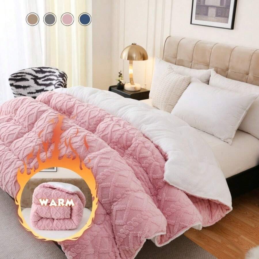1pc Luxurious Plush Taffeta Comforter, Extra Thick And Soft Plush , Double-Sided Thick, 500gsm Filling Heavy-Duty Extra Thick Warm For Autumn And Winter, Gift, Home Decor, Queen/King - Pink - View 1