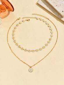 2pcs/Set Hand-Made Daisy Flower Necklace, Fashion Classic Chain Choker Necklace, Suitable For Daily, Travel, Vacation, Street Wear, And Photo Shoot.Chain Length Can Be Customized, Flower Quantity Is Random Valentines - trắng - Xem 3