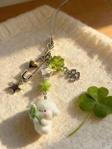 1个女士植绒招财狗和四叶草钥匙扣吊坠，可爱挂件，可用于耳机、包包、钥匙等 - 彩色 - 查看 8