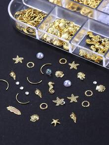 12格金属海洋主题夏季美甲装饰套装，合金材质，包含金色贝壳、海星、海马、极光、美人鱼、珍珠、钢珠、水钻美甲饰品，美甲沙龙DIY配件 - 彩色 - 查看 6