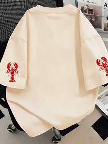 Plus Size Women's Summer Casual Fashion Short Sleeve Crab "Ciao" Letter Print Crew Neck Plain T-Shirt, Suitable For Summer Vacation, Beach, Holiday, Spring, Valentine's Day Wear - Apricot - View 3