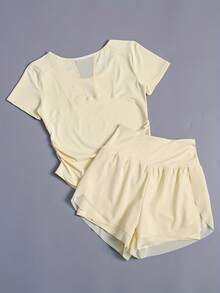 Fashionable 2-Piece Women's Yoga Sports Set, Casual Women's Yoga T-Shirt With Short Sleeves, Waist-Cinching, Ruched, Breathable Short Sleeves, High-Waisted, Butt-Lifting Yoga Sports Shorts, Anti-Exposure Design, With Pockets, Suitable For Running, Yoga, Tennis, Workouts, Cycling, Casual Outings, Evening Dates, And As A Gift For Independence Day, Labor Day, Halloween,  & Fall/Winter - Hồng + Tím hồng - Xem 10