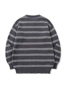 LOOKUN Autumn/Winter Color Block Striped Textured Loose Comfortable Retro Streetwear Crew Neck Long Sleeve Cropped Knit Sweater Unisex - Grey - View 4