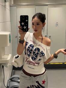 复古美式星形印花不对称领口休闲性感短袖修身时尚女式上衣 白色夏季 - 白色 - 查看 1