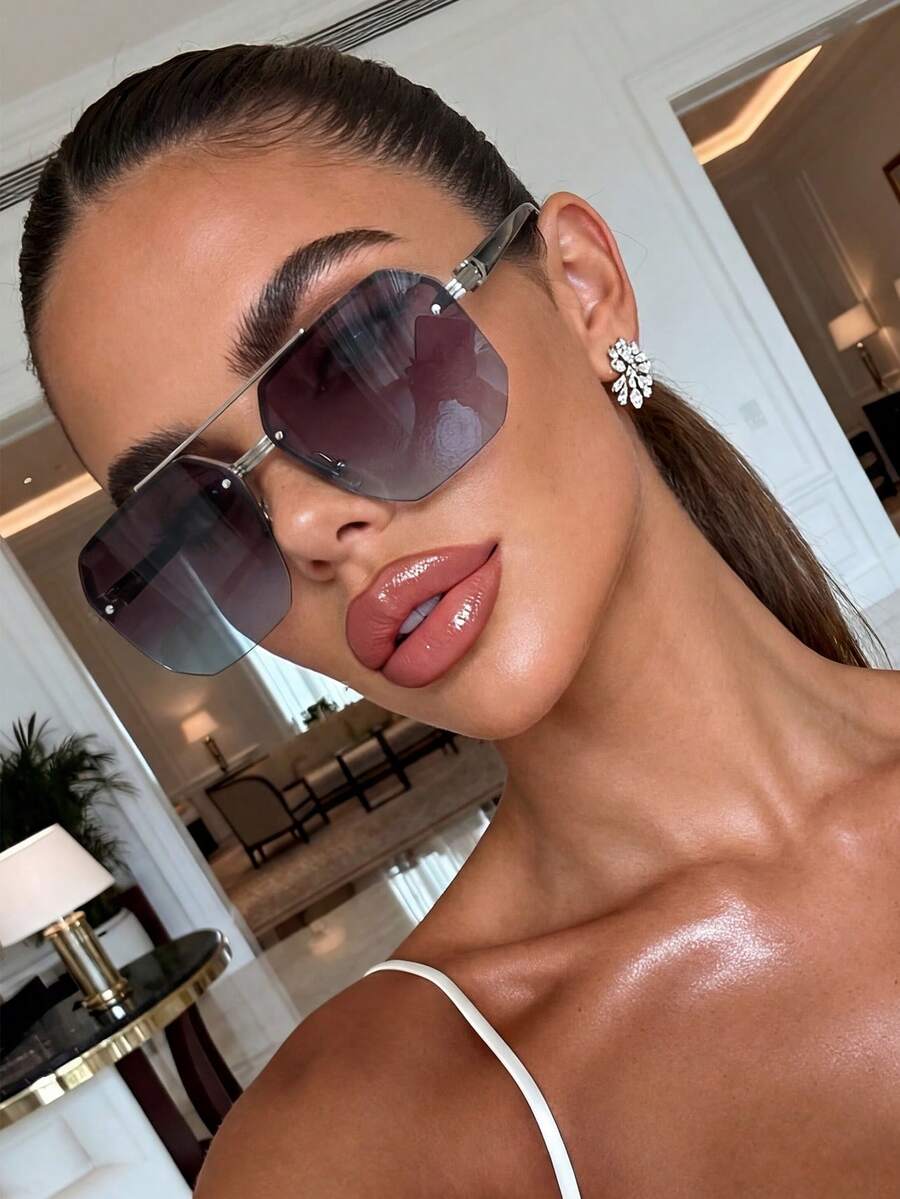 1 Pair Women's Polygon Metal Double Bridge UV Protection Sunglasses, Suitable For Street Style, Travel, Sports, Driving, Holiday Outfits, Beach, Vacation, Family Outings, Parties - Grey - View 1