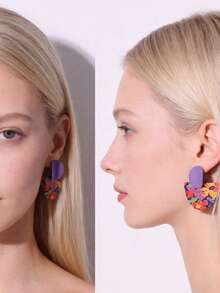 1 Cặp Hoa tai đính đá màu tím thủ công bằng đất sét mềm nguyên bản dành cho nữ, thích hợp cho kỳ nghỉ, tiệc tùng và trang phục hàng ngày - Màu tím - Xem 8